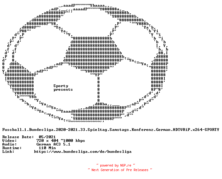 NFO for the release Fussball.1.Bundesliga.2020-2021.33.Spieltag.Samstags.Konferenz.German.HDTVRiP.x264-SPORTY by SPORTY