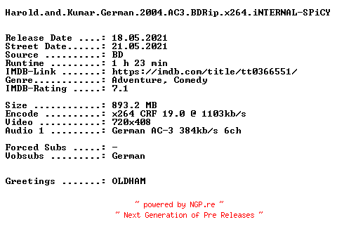 NFO for the release Harold.and.Kumar.German.2004.AC3.BDRip.x264.iNTERNAL-SPiCY by SPiCY