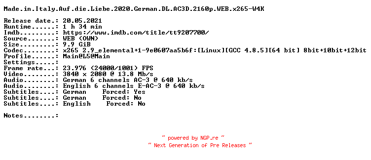 NFO for the release Made.in.Italy.Auf.die.Liebe.2020.German.DL.AC3D.2160p.WEB.x265-W4K by W4K