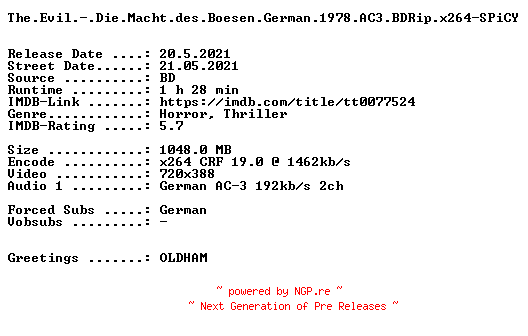 NFO for the release The.Evil.-.Die.Macht.des.Boesen.German.1978.AC3.BDRip.x264-SPiCY by SPiCY