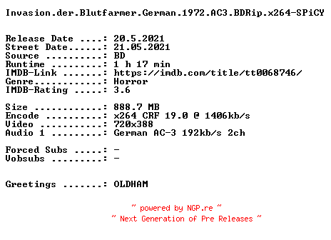 NFO for the release Invasion.der.Blutfarmer.German.1972.AC3.BDRip.x264-SPiCY by SPiCY