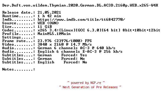 NFO for the release Der.Duft.von.wildem.Thymian.2020.German.DL.AC3D.2160p.WEB.x265-W4K by W4K