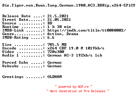 NFO for the release Die.Tiger.von.Kwan.Tung.German.1980.AC3.BDRip.x264-SPiCY by SPiCY