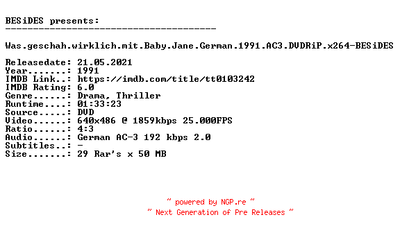 NFO for the release Was.geschah.wirklich.mit.Baby.Jane.German.1991.AC3.DVDRiP.x264-BESiDES by BESiDES