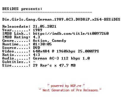 NFO for the release Die.Girls.Gang.German.1989.AC3.DVDRiP.x264-BESiDES by BESiDES