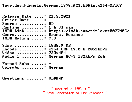 NFO for the release Tage.des.Himmels.German.1978.AC3.BDRip.x264-SPiCY by SPiCY