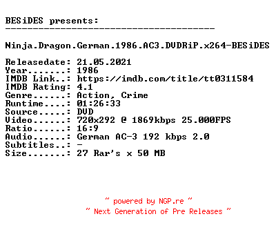 NFO for the release Ninja.Dragon.German.1986.AC3.DVDRiP.x264-BESiDES by BESiDES