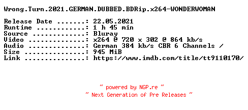 NFO for the release Wrong.Turn.2021.GERMAN.DUBBED.BDRip.x264-WONDERWOMAN by WONDERWOMAN