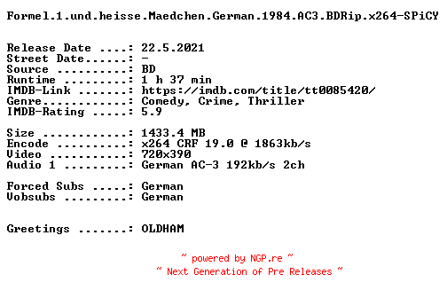 NFO for the release Formel.1.und.heisse.Maedchen.German.1984.AC3.BDRip.x264.iNTERNAL-SPiCY by SPiCY