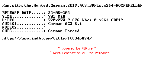 NFO for the release Run.with.the.Hunted.German.2019.AC3.BDRip.x264-ROCKEFELLER by ROCKEFELLER