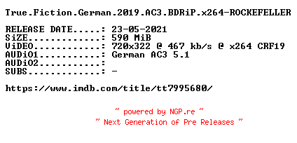 NFO for the release True.Fiction.German.2019.AC3.BDRiP.x264-ROCKEFELLER by ROCKEFELLER