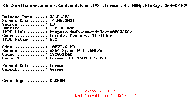 NFO for the release Ein.Schlitzohr.ausser.Rand.und.Band.1981.German.DL.1080p.BluRay.x264.RERiP-SPiCY by SPiCY