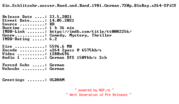 NFO for the release Ein.Schlitzohr.ausser.Rand.und.Band.1981.German.720p.BluRay.x264.RERiP-SPiCY by SPiCY