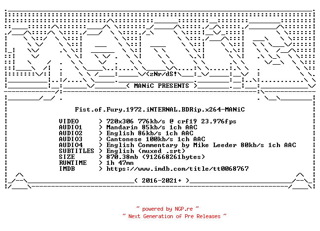 NFO for the release Fist.of.Fury.1972.iNTERNAL.BDRip.x264-MANiC by MANiC