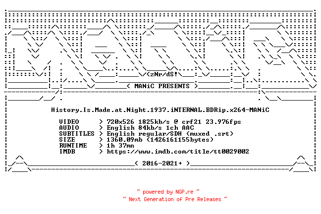 NFO for the release History.Is.Made.at.Night.1937.iNTERNAL.BDRip.x264-MANiC by MANiC