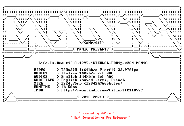 NFO for the release Life.Is.Beautiful.1997.iNTERNAL.BDRip.x264-MANiC by MANiC