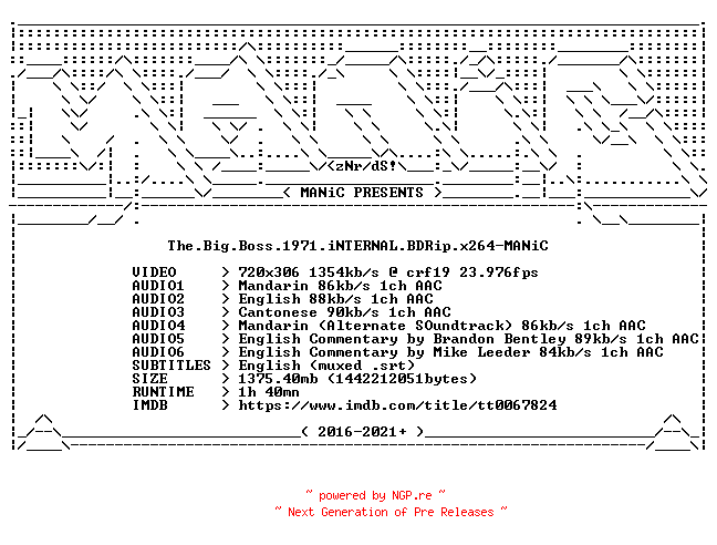 NFO for the release The.Big.Boss.1971.iNTERNAL.BDRip.x264-MANiC by MANiC