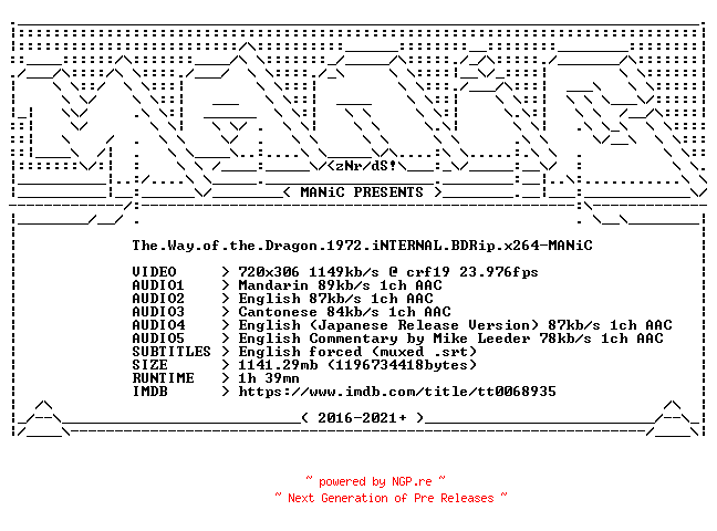 NFO for the release The.Way.of.the.Dragon.1972.iNTERNAL.BDRip.x264-MANiC by MANiC