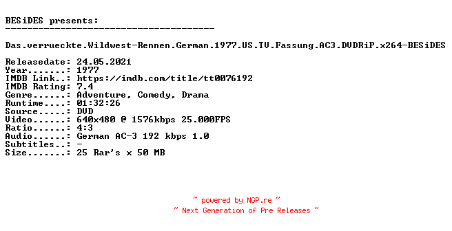 NFO for the release Das.verrueckte.Wildwest-Rennen.German.1977.US.TV.Fassung.AC3.DVDRiP.x264-BESiDES by BESiDES