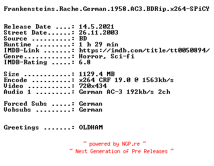 NFO for the release Frankensteins.Rache.German.1958.AC3.BDRip.x264-SPiCY by SPiCY