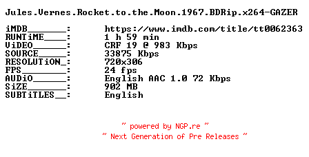 NFO for the release Jules.Vernes.Rocket.to.the.Moon.1967.BDRip.x264-GAZER by GAZER