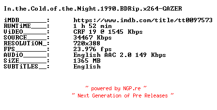 NFO for the release In.the.Cold.of.the.Night.1990.BDRip.x264-GAZER by GAZER