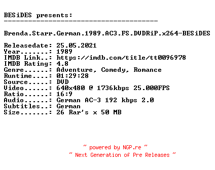 NFO for the release Brenda.Starr.German.1989.AC3.FS.DVDRiP.x264-BESiDES by BESiDES