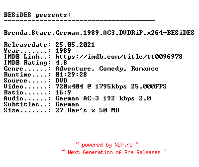 NFO for the release Brenda.Starr.German.1989.AC3.DVDRiP.x264-BESiDES by BESiDES