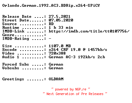NFO for the release Orlando.German.1992.AC3.BDRip.x264-SPiCY by SPiCY
