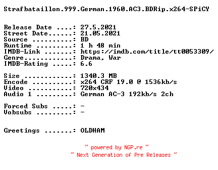 NFO for the release Strafbataillon.999.German.1960.AC3.BDRip.x264-SPiCY by SPiCY