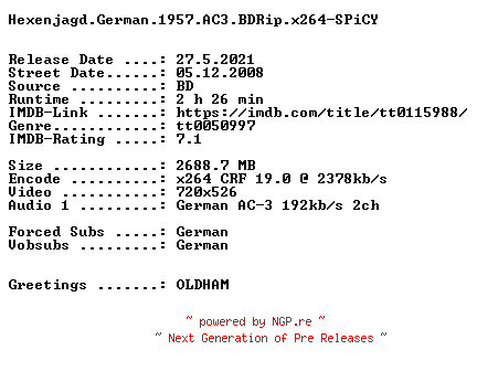 NFO for the release Hexenjagd.German.1957.AC3.BDRip.x264-SPiCY by SPiCY