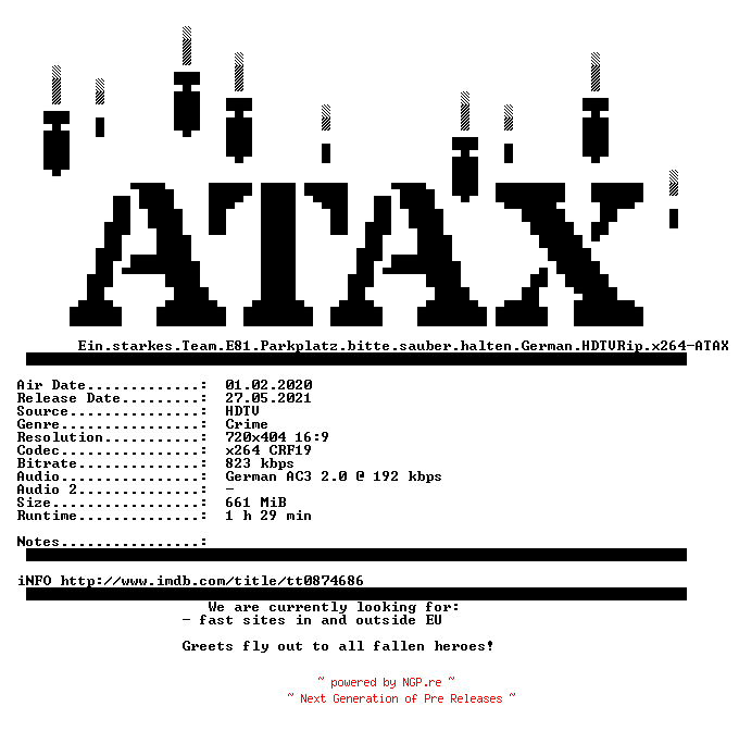 NFO for the release Ein.starkes.Team.E81.Parkplatz.bitte.sauber.halten.German.HDTVRip.x264-ATAX by ATAX