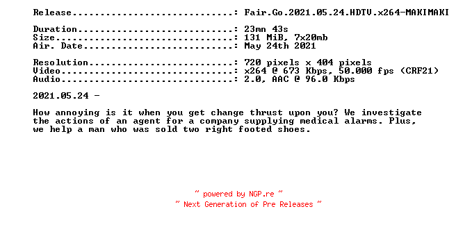 NFO for the release Fair.Go.2021.05.24.HDTV.x264-MAKIMAKI by MAKIMAKI