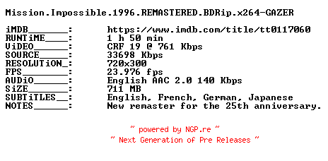 NFO for the release Mission.Impossible.1996.REMASTERED.BDRip.x264-GAZER by GAZER