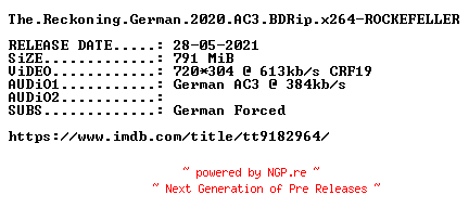 NFO for the release The.Reckoning.German.2020.AC3.BDRip.x264-ROCKEFELLER by ROCKEFELLER