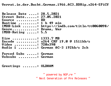 NFO for the release Verrat.in.der.Bucht.German.1966.AC3.BDRip.x264-SPiCY by SPiCY
