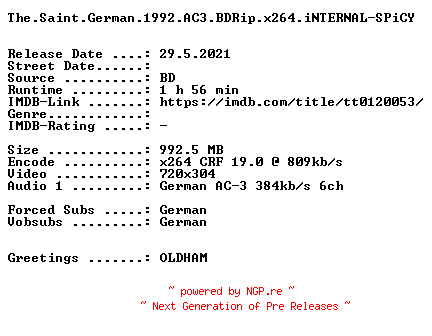 NFO for the release The.Saint.Der.Mann.ohne.Namen.German.1997.AC3.BDRip.x264.iNTERNAL-SPiCY by SPiCY