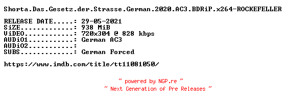 NFO for the release Shorta.Das.Gesetz.der.Strasse.German.2020.AC3.BDRiP.x264-ROCKEFELLER by ROCKEFELLER