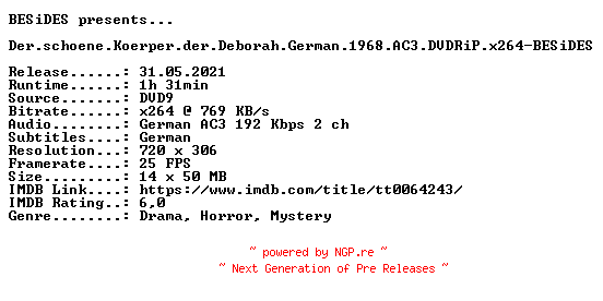 NFO for the release Der.schoene.Koerper.der.Deborah.German.1968.AC3.DVDRiP.x264-BESiDES by BESiDES