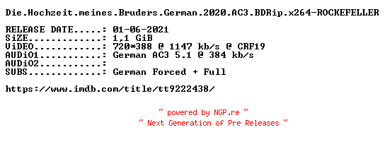 NFO for the release Die.Hochzeit.meines.Bruders.German.2020.AC3.BDRip.x264-ROCKEFELLER by ROCKEFELLER