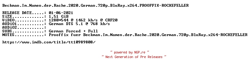 NFO for the release Beckman.Im.Namen.der.Rache.2020.German.720p.BluRay.x264.PROOFFIX-ROCKEFELLER by ROCKEFELLER