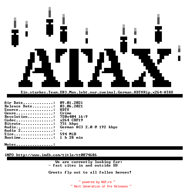 NFO for the release Ein.starkes.Team.E83.Man.lebt.nur.zweimal.German.HDTVRip.x264-ATAX by ATAX