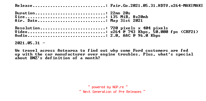 NFO for the release Fair.Go.2021.05.31.HDTV.x264-MAKIMAKI by MAKIMAKI
