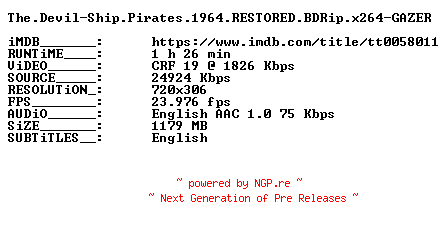 NFO for the release The.Devil-Ship.Pirates.1964.RESTORED.BDRip.x264-GAZER by GAZER