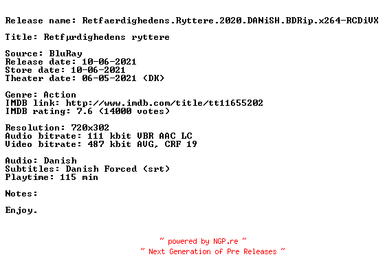 NFO for the release Retfaerdighedens.Ryttere.2020.DANiSH.BDRip.x264-RCDiVX by RCDiVX