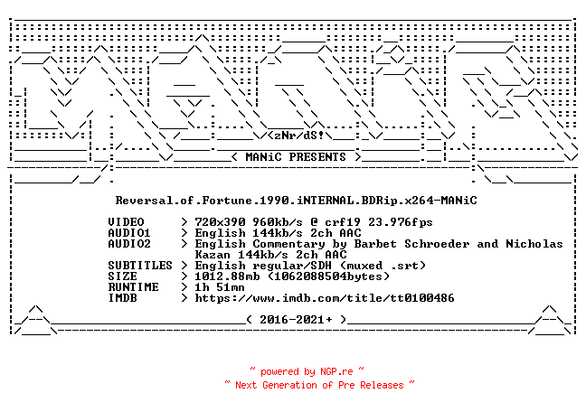 NFO for the release Reversal.of.Fortune.1990.iNTERNAL.BDRip.x264-MANiC by MANiC