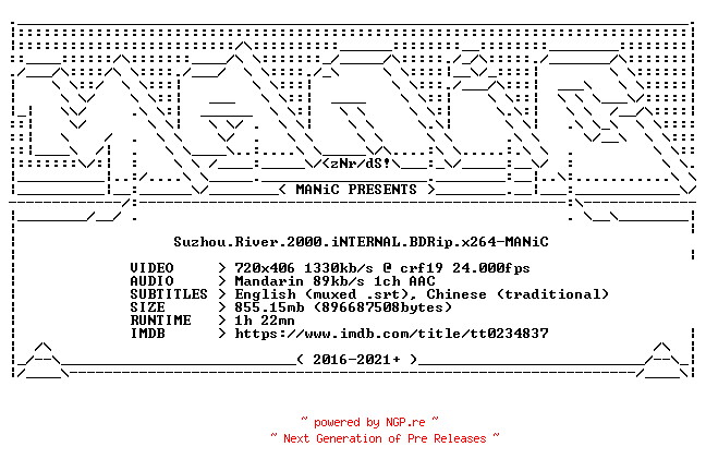 NFO for the release Suzhou.River.2000.iNTERNAL.BDRip.x264-MANiC by MANiC