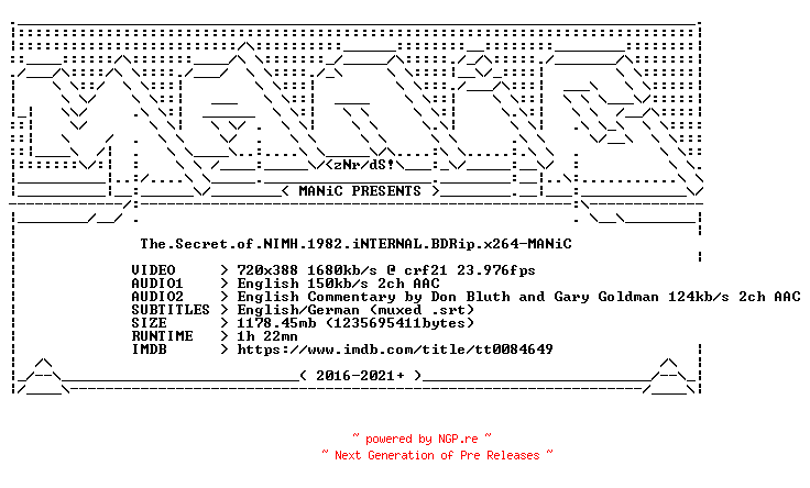 NFO for the release The.Secret.of.NIMH.1982.iNTERNAL.BDRip.x264-MANiC by MANiC