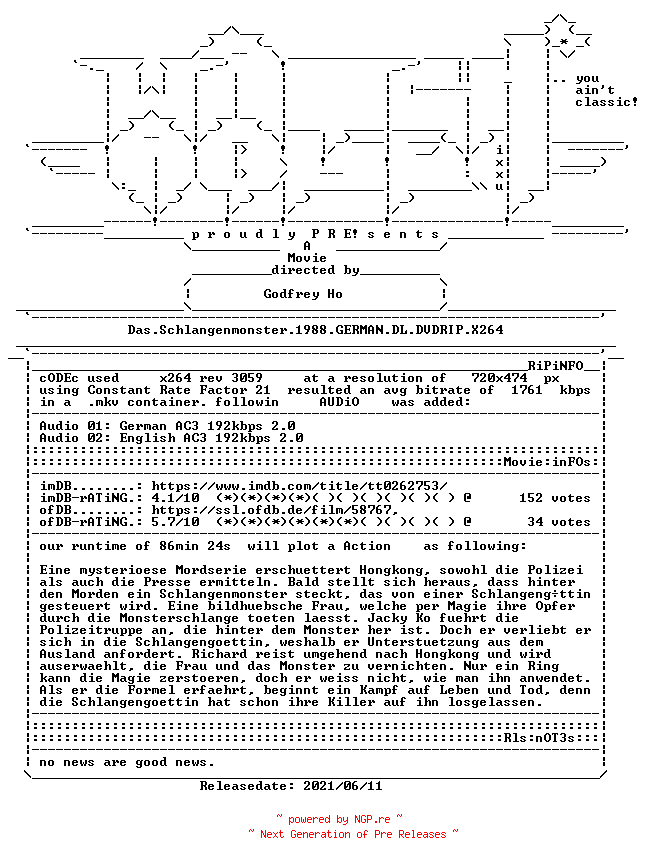NFO for the release Das.Schlangenmonster.1988.GERMAN.DL.DVDRIP.X264-WATCHABLE by WATCHABLE