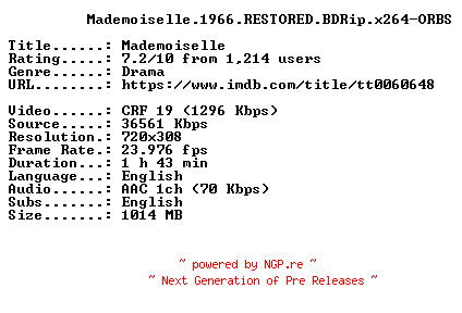 NFO for the release Mademoiselle.1966.RESTORED.BDRip.x264-ORBS by ORBS